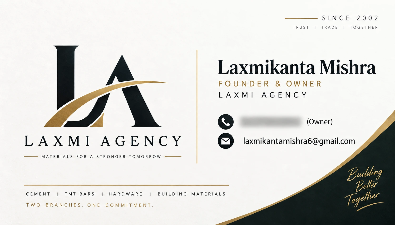 Laxmi Agency business card: Laxmikanta Mishra, founder and owner. Since 2002. Materials for a Stronger Tomorrow.
